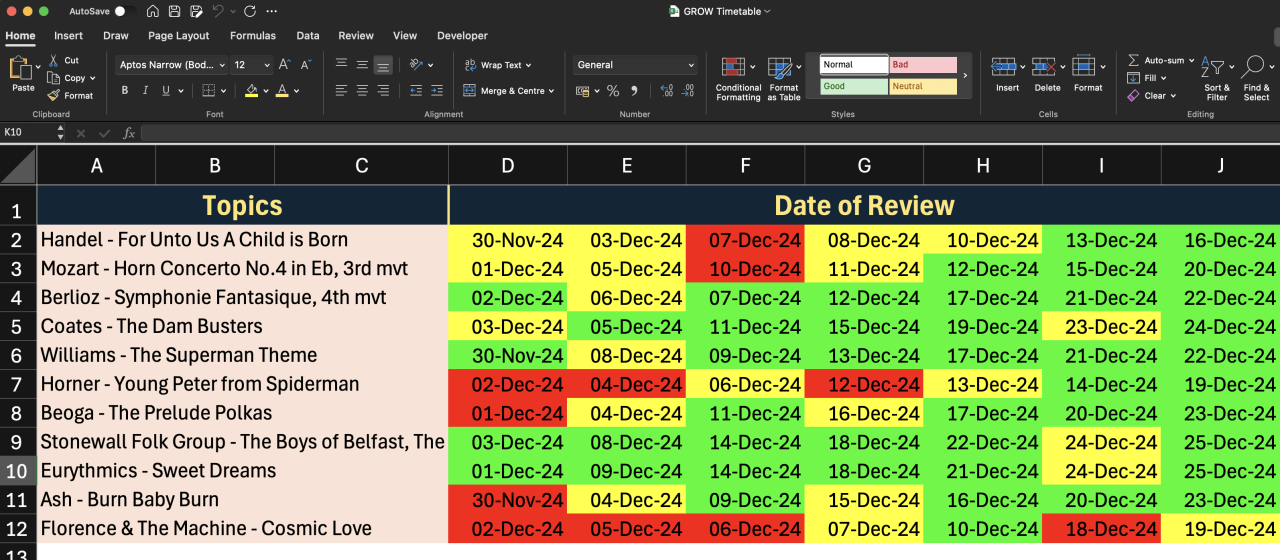 Color-coded GROW study timetable spreadsheet showing topics and review dates for effective spaced revision.
